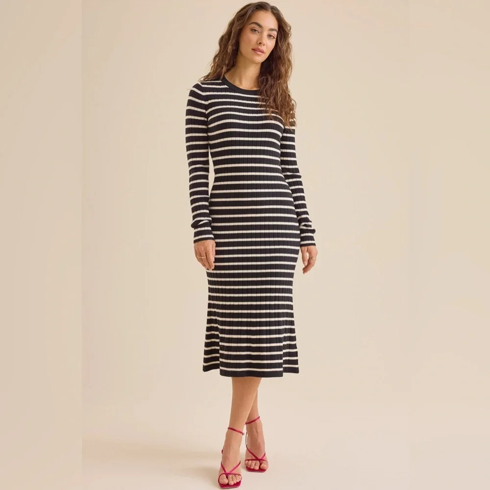 NEW HYFVE Black Striped Ribbed Midi Sweater Dress Flared Hem Size Medium